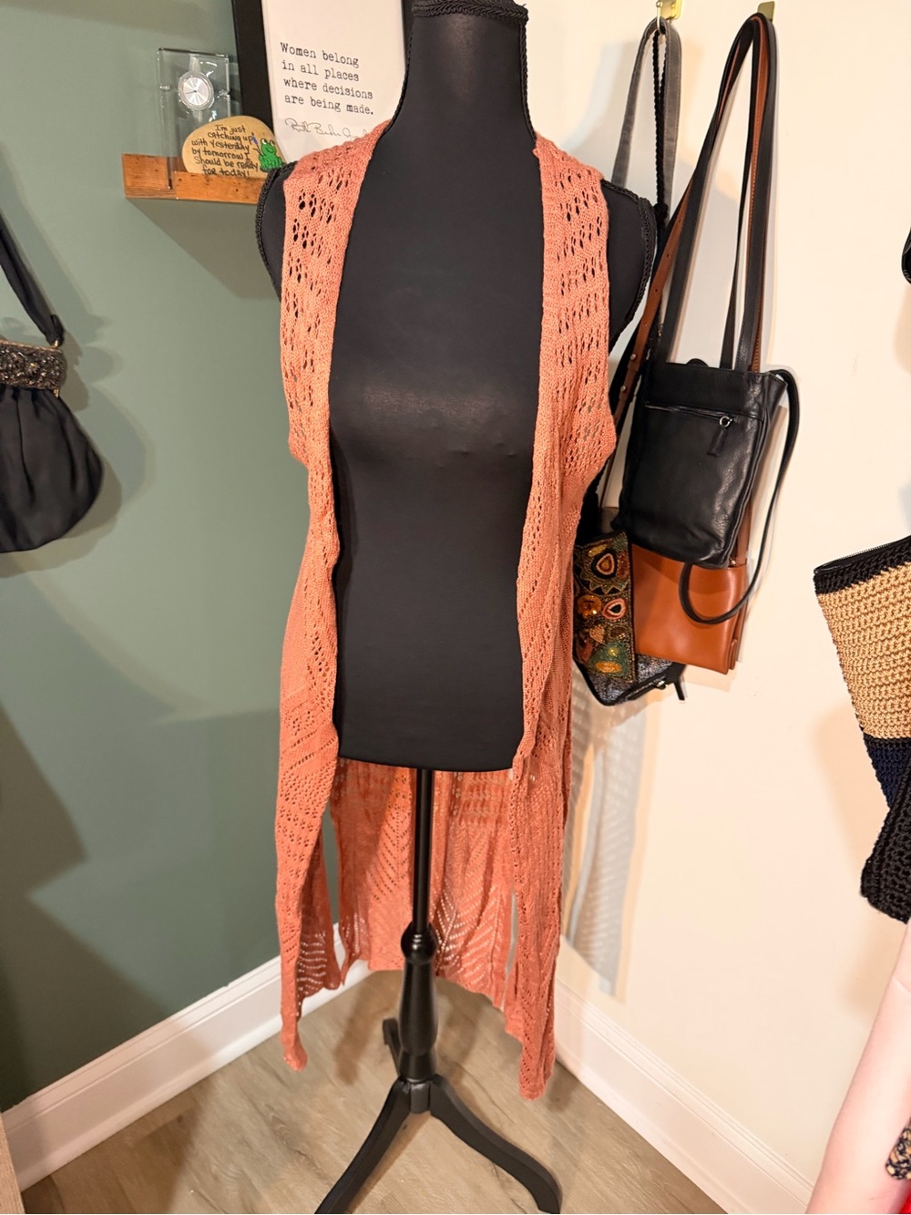 NWT Moral Fiber Rust Crochet Open Knit Long Duster Vest Boho M